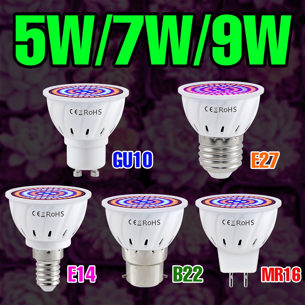 9W E27 LED พืชเติบโตหลอดไฟ 220V เต็มสเปกตรัม 7W E14 สีแดงสีฟ้าเติมโคมไฟ MR16 5W เรือนกระจกเต็นท์ GU10 Succulent Potted Veg ดอกไม้เมล็ด Moss Hydroponic การเพาะปลูก B22