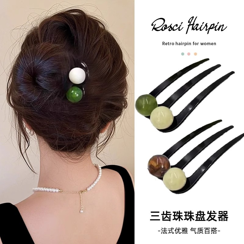 Hairpin รอบลูกปัดกิ๊บสามฟัน สำหรับวันdaily สไตล์ เครื่องประดับผม