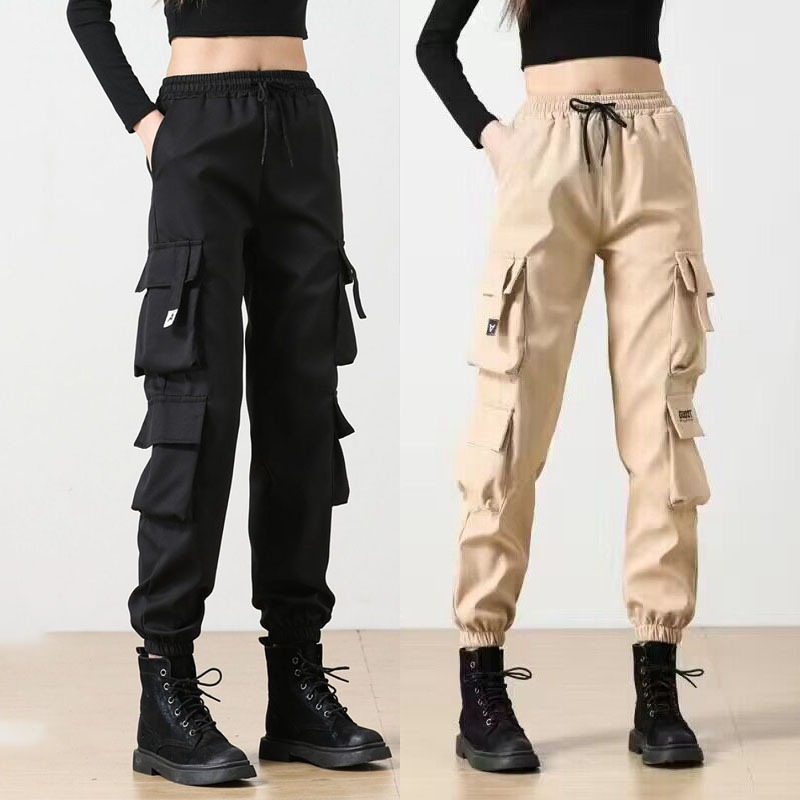 เสื้อผ้าผู้หญิงกางเกงขายาว กางเกงคาร์โก้วินเทจ กระเป๋า 2 ข้าง มีเชือกผูกที่เอว สไตล์มินิมอลย้อนยุค