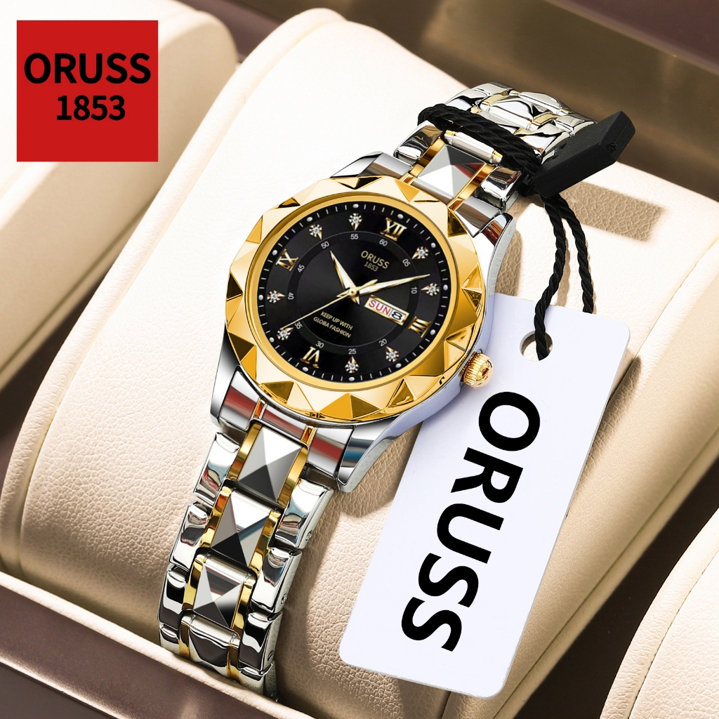 ORUSS รัส ต้นฉบับหญิงสแตนเลสกันน้ําปฏิทินคู่หรูหราส่องสว่างขนาดเล็กนาฬิกาแฟชั่นธุรกิจเกาหลีรุ่นควอตซ์นาฬิกาข้อมือ