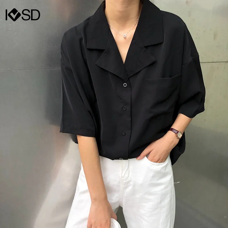 เสื้อโปโล IVSD ผู้หญิง แบบ V คอหลวม แขนสั้น มีปุ่มและกระเป๋า