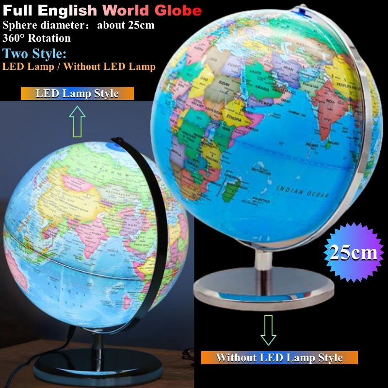 20/25/32ซม โลก โลก โลก 360°720° หมุนโลหะฐานลูกโลกโรงเรียนภูมิศาสตร์สื่อการสอนส่องสว่างภาษาอังกฤษ Globus Erde