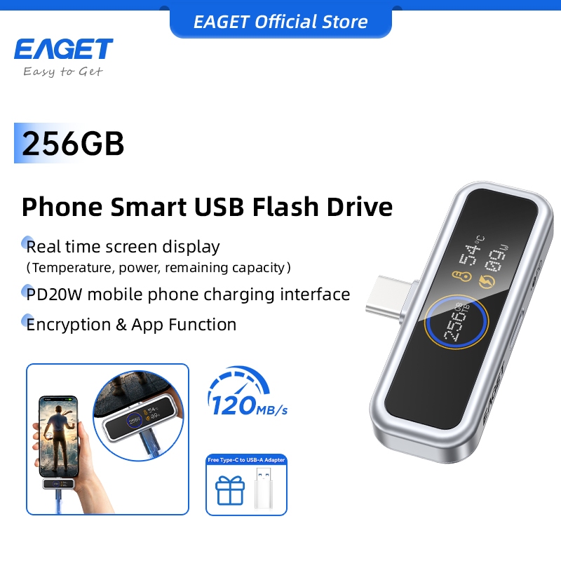 EAGET i30Pro แฟลชไดรฟ์ USB อัจฉริยะพร้อมจอแสดงผลเรียลไทม์ (128GB/256GB/512GB/PD20W)