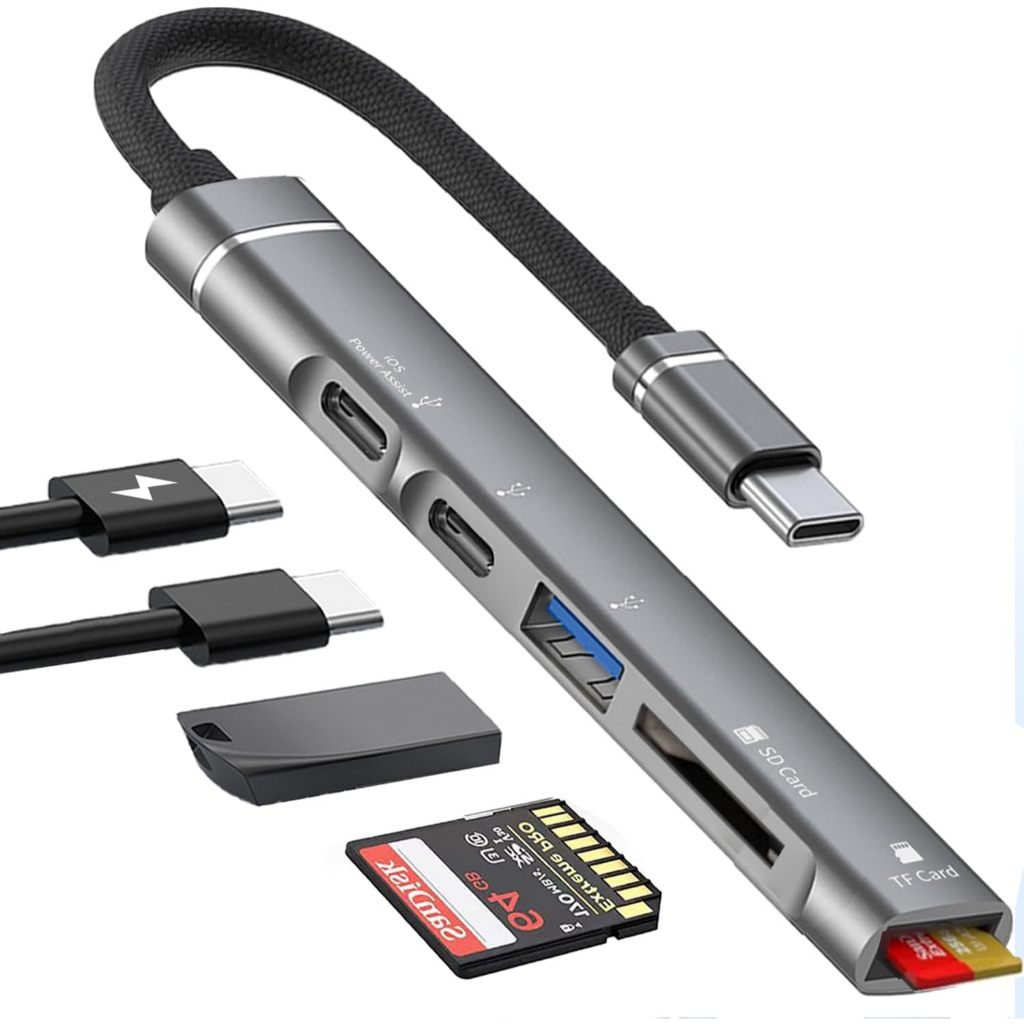USB C Hub 5 in 1, อะแดปเตอร์มัลติพอร์ต USB C อลูมิเนียมพร้อมเครื่องอ่านการ์ด Memory SD/Micro SD สําหรับ iPhone