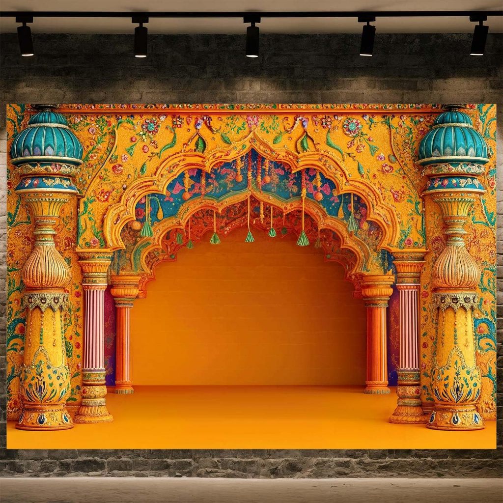 7x5ft อินเดียแบบดั้งเดิมการถ่ายภาพฉากหลังอินเดีย Diwali Pija พื้นหลังภาพ Puja Ganpati Pooja Mehndi ศ