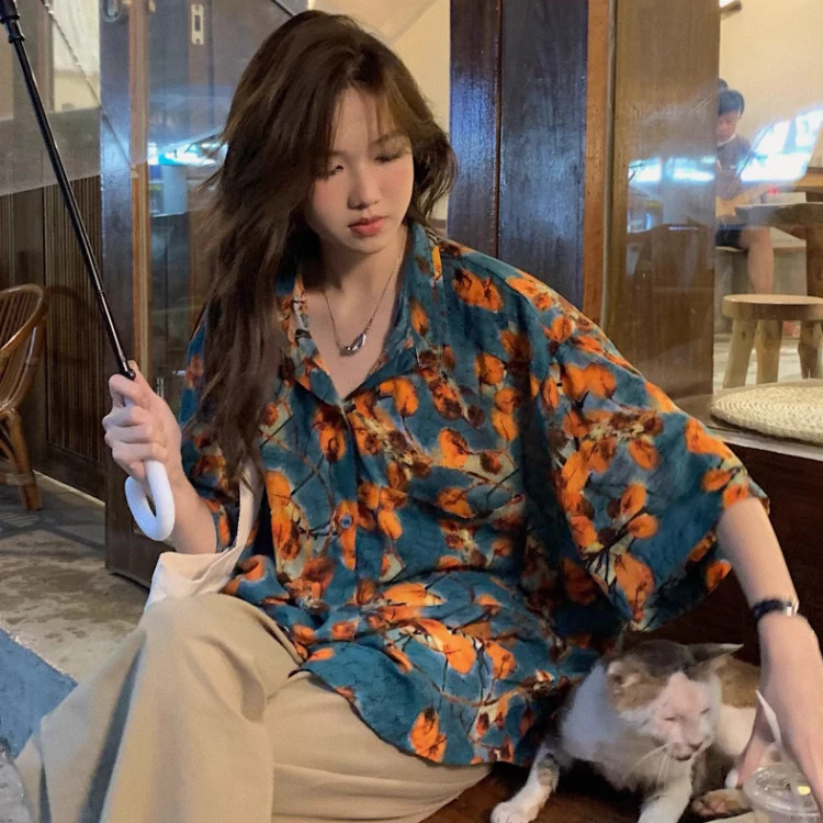MISS SUMEY เสื้อโปโลผู้หญิง ลายดอก สไตล์เกาหลี แขนสั้น โอเวอร์ไซส์