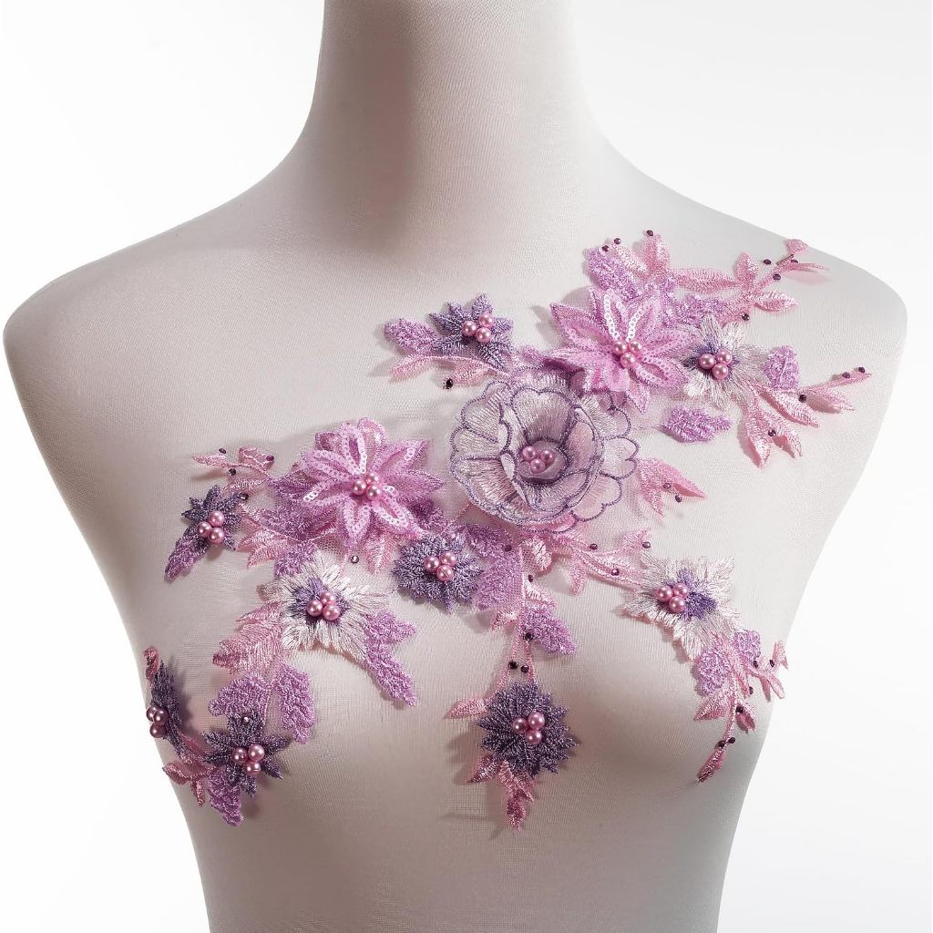 เสื้อลูกไม้ Venise ตกแต่งดอกไม้และ Applique พร้อม Collar Patch สีม่วง สีเขียว สีน้ําตาล สีชมพู