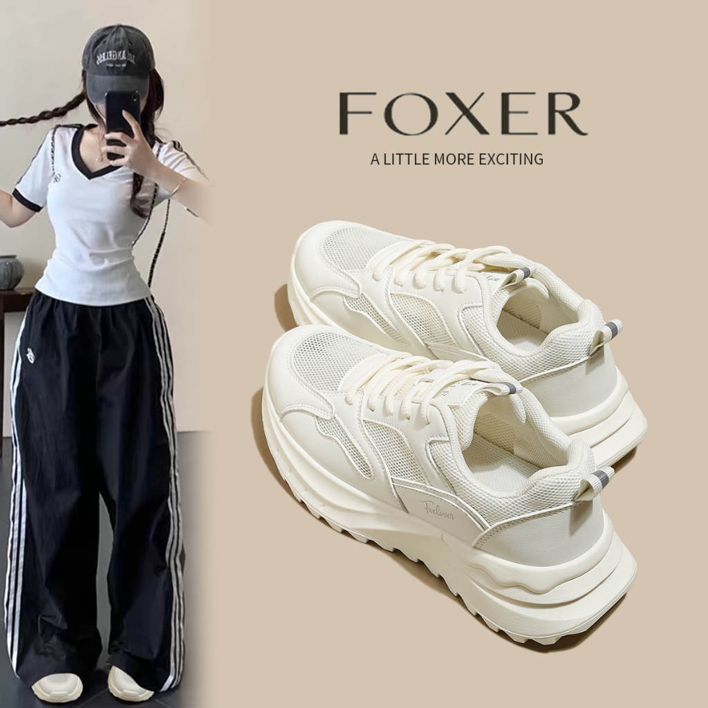 FOXER รองเท้ากีฬาผู้หญิงแฟชั่น เพิ่มความสูงใส่สบายต้านเชื้อแบคทีเรีย ระบายอากาศได้ รองเท้าลำลองสีขาว