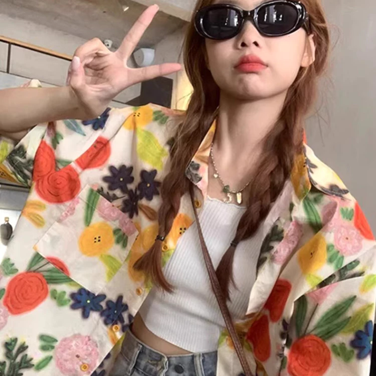 เสื้อโปโลผู้หญิง MISS SUMEY ลายดอก สไตล์เกาหลี แขนสั้น โอเวอร์ไซส์