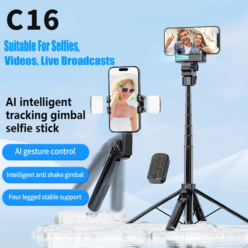 C16 AI Gimbal Stabilizer ไม้เซลฟี่พร้อมขาตั้งกล้องอัจฉริยะพร้อมไฟ LED และรีโมทบลูทูธ, ขยายได้ถึง 1.3