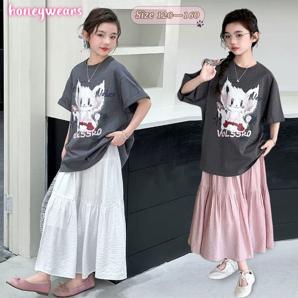 honeywears⚡️พร้อมส่ง⚡️ชุดสูทเด็กผู้หญิงแฟชั่น เสื้อยืดแขนสั้นน่ารัก+กระโปรงยาวลำลอง สไตล์เกาหลี ฤดูร้อน ไซส์ 110-160