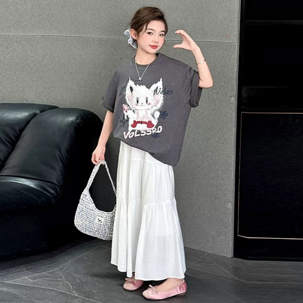 SweetKids พร้อมส่งจากกทม🌸เสื้อผ้าเด็กผญ🍓ชุดเซ็ตเด็กผู้หญิง แขนสั้น กระโปรงยาว ลายการ์ตูน แฟชั่นฤดูร้อน เย็นและระบายอากาศได้ดี - รูปที่ 4