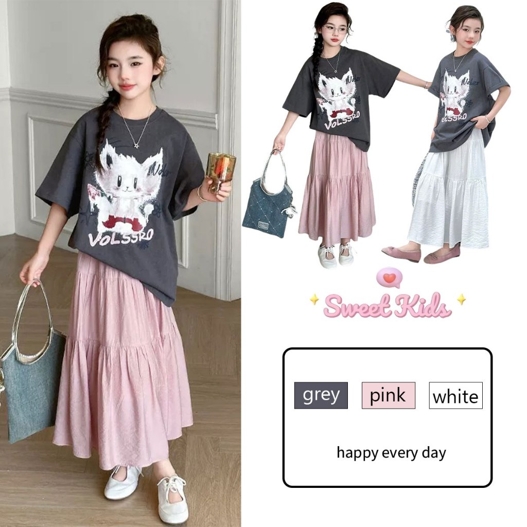 SweetKids พร้อมส่งจากกทม🌸เสื้อผ้าเด็กผญ🍓ชุดเซ็ตเด็กผู้หญิง แขนสั้น กระโปรงยาว ลายการ์ตูน แฟชั่นฤดูร้อน เย็นและระบายอากาศได้ดี