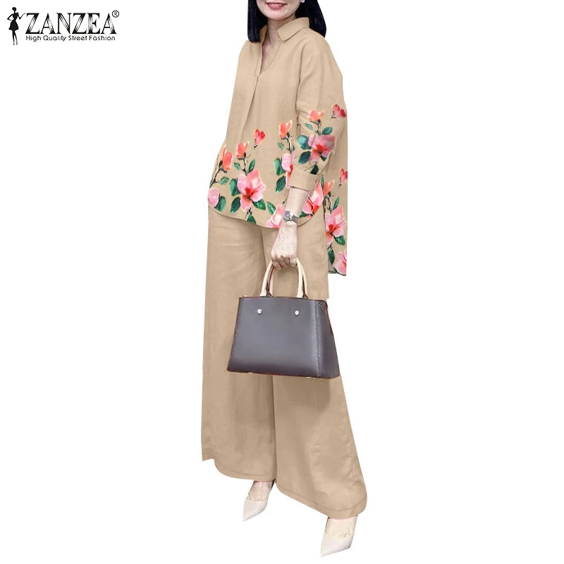 ZANZEA ซานเซีย ผู้หญิงเกาหลีพิมพ์ปกจีบแขนโคมไฟกระเป๋าขากว้างชุดสองชิ้น