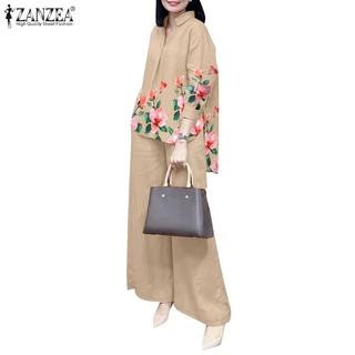 ZANZEA ซานเซีย ผู้หญิงเกาหลีพิมพ์ปกจีบแขนโคมไฟกระเป๋าขากว้างชุดสองชิ้น