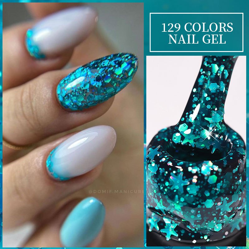 LILYCUTE Blue Glitter Sequins เล็บเจลสีสันสดใส Bling Effect Soak Off UV Gel Gold Silver Nail Art เคลือบเงา