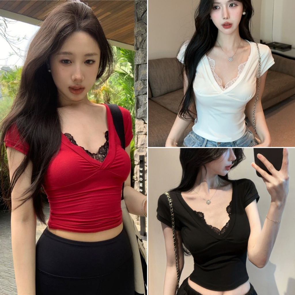 Luna Shop พร้อมส่ง เสื้อยืดสวยๆผู้หญิง เสื้อยืดคอวีทรงสลิมฟิต แขนสั้น ดีไซน์ขอบลูกไม้ สไตล์สาวฮอตเกาหลี หวานและเซ็กซี่