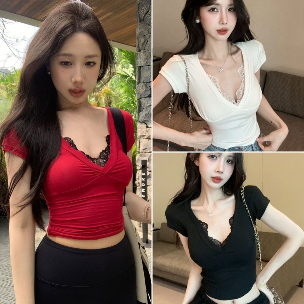 Betty house🌸พร้อมส่ง เสื้อยืดแฟชั่นผู้หญิง เสื้อยืดคอวีสุดเซ็กซี่ แขนสั้น สไตล์สลิมฟิต แผงลูกไม้ สไตล์สาวฮอตอเมริกัน