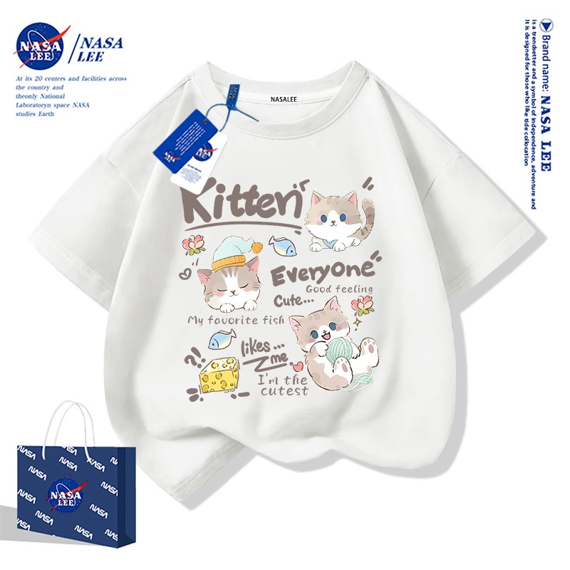【ของพร้อมส่ง×จัดส่งภายใน 3 วัน】เสื้อยืดเด็ก NASA สีขาว ผ้าฝ้ายพรีเมียม ลายแมวสามสี (Tricolor Cat) สำหรับเด็กชาย-เด็กหญิง ระบายอากาศดี นุ่มสบายผิว