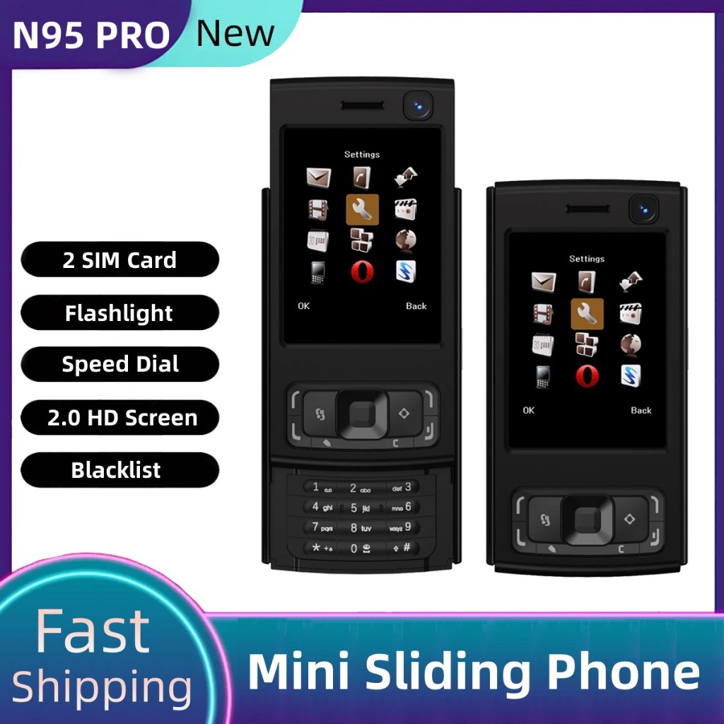 N95 PRO หน้าจอสไลด์มินิโทรศัพท์มือถือ 2G GSM โทรการบันทึกไฟฉาย MP3/MP4 เครื่องเล่น Blacklist วิทยุ FM หน้าจอ Push โทรศัพท์มือถือ