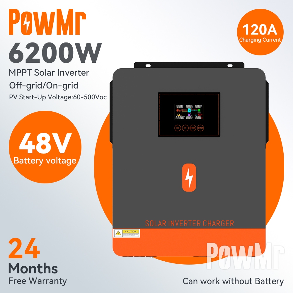 Low Voltage Start PowMr MPPT 6.2KW Pure Sine Wave Solar Hybrid Built-in Inverter 120A Solar Charge C