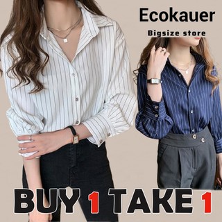 Ecokauer Korean Striped Shirt Women Long Sleeve Loose Office Blouse Top