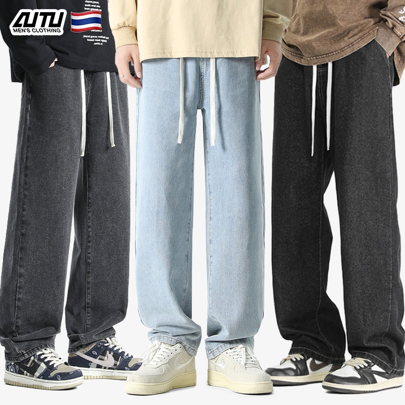 AUTU กางเกงยีนส์ผู้ชาย กางเกงขายาว baggy jeans เอวยางยืด สามสี สไตล์ลำลอง สไตล์สตรีท ใส่สบาย