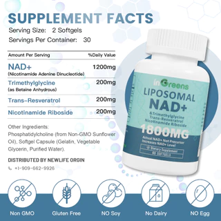 InGreens อาหารเสริม NAD+ 1800 มก. & อาหารเสริม NMNH ขนาด 500 มก.,120 ซอฟท์เจล,การดูดซึมที่เหนือกว่า,DNA Repair,Boost NAD