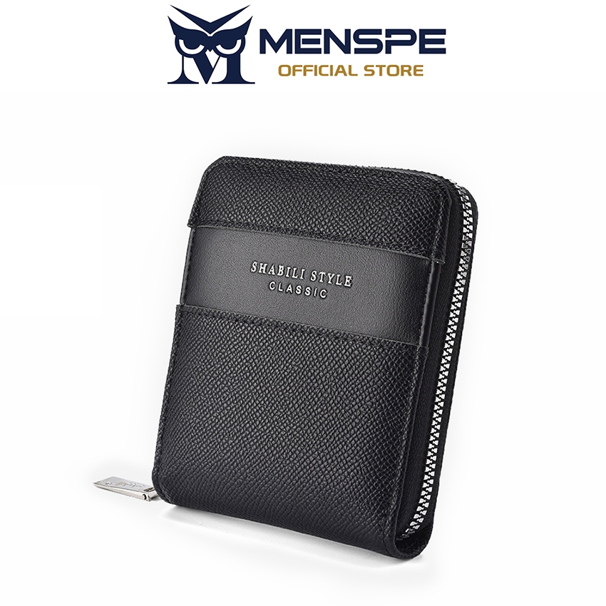 MENSPE แฟชั่นกระเป๋าสตางค์สั้นลายลิ้นจี่ Retro ความจุขนาดใหญ่กระเป๋า Multi-Card ตําแหน่ง ID ผู้ถือบัตรเครดิต