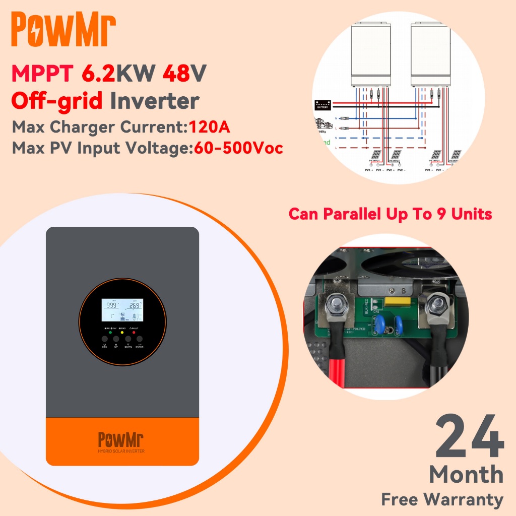 【รุ่นใหม่】PowMr MPPT 6.2KW Off Grid Solar Hybrid Inverter 230Vac Built-In 120A MPPT Solar Charger Co