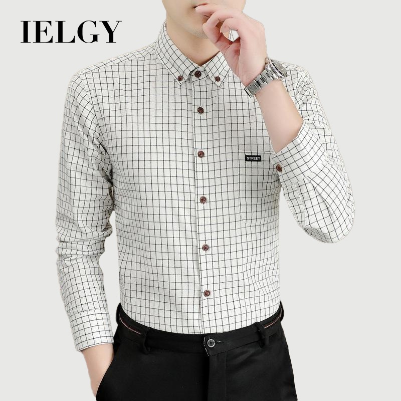 IELGY เสื้อเชิ้ตลายสก๊อตธุรกิจแสงแขนยาวอินเทรนด์ของผู้ชาย