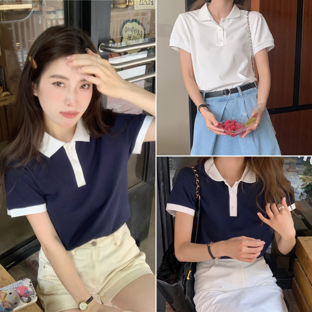 Betty house🌸พร้อมส่ง  เสื้อโปโลผู้หญิง เสื้อครอปที่มีสไตล์ เบสิก ไหล่ตรง ดีไซน์ย้อนยุค สไตล์วิทยาลัยเกาหลี สวมใส่สบาย