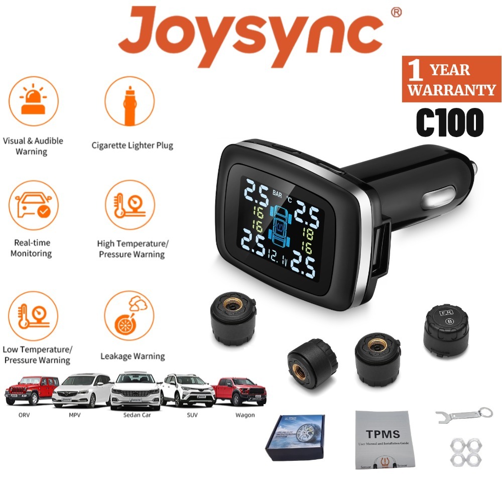 Joyync C100 ระบบตรวจสอบความดันยางไร้สายสัญญาณเตือนขับเคลื่อน HD จอแสดงผลสี LCD การตรวจสอบความดันยางแ