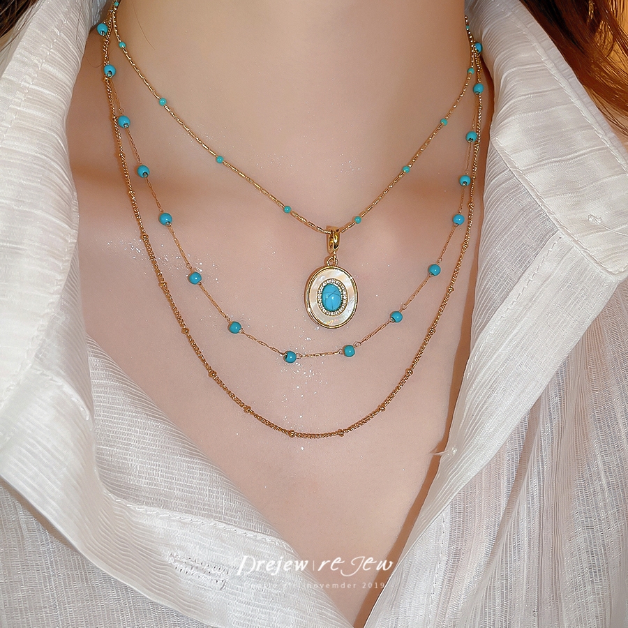 DREJEW Zircon Fritilllar Oval Turquoise Vintage จี้สร้อยคอ