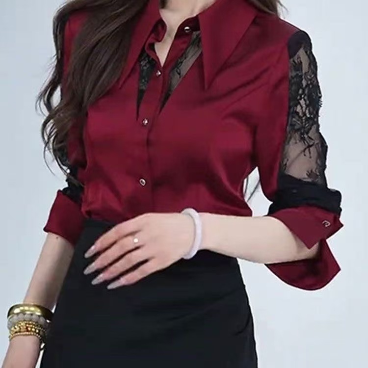 เสื้อแขนยาวสไตล์เกาหลีสำหรับผู้หญิง แบบลูกไม้ สวมใส่สบาย