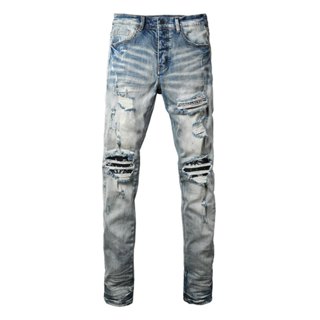 Amiri สตรีทแฟชั่นผู้ชายกางเกงยีนส์สีน้ำเงินสลิมฟิตพิมพ์ยืดแพ…