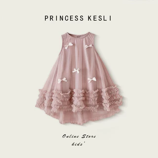 Princess Kesli สไตล์เจ้าหญิง ชุดเดรสเด็กแขนกุด ผ้าตาข่าย ประดับโบว์ ปาร์ตี้วันเกิด สําหรับเด็กผู้หญิง ชุดเดรส 1-12 ปี