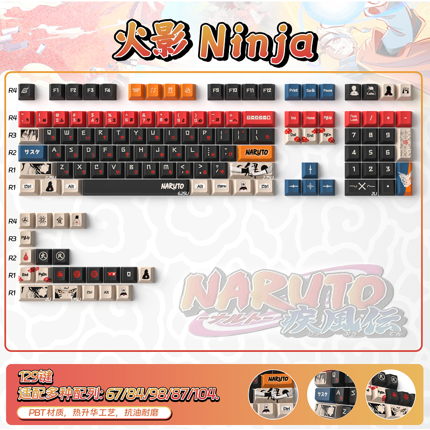 Naruto Keycap สีดําญี่ปุ่น 1.7 มม.ความหนา PBT Cherry protail Keycaps ชุดสําหรับคีย์บอร์ดแบบกลไก