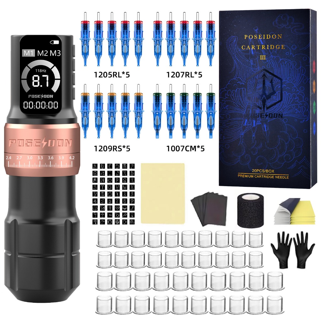 POSEIDON Tattoo Pen Kit-Tattoo Machine พร้อมตลับเข็มสัก 20 ชิ้น, ปากกาสักแบบปรับได้พร้อมจอแสดงผล LED ดิจิตอลและพลังงานไร้สายสําหรับศิลปิน