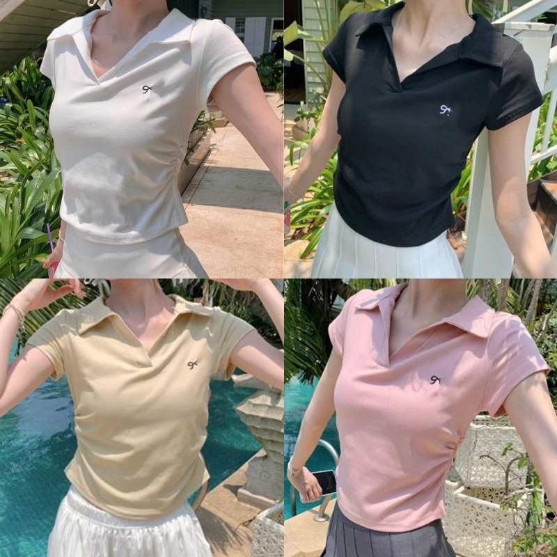 เสื้อโปโลผู้หญิง แขนสั้น สลิมฟิต ปักลายโบว์สวย คอปก ลดราคาวันนี้