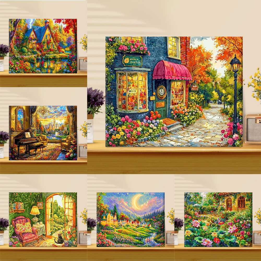 DROFE ระบายสีตามตัวเลข Landscape Wall Decor วอลล์เปเปอร์ตกแต่งห้องนั่งเล่น Aesthetic Home Decor