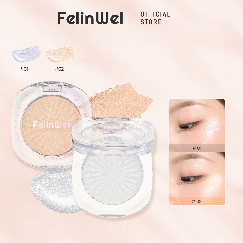 FelinWel - พาเลทแต่งหน้าไฮไลท์เตอร์ประกายเพชร, เม็ดสีชัดแน่น เนื้อแป้งประกายชิมเมอร์, 2สี