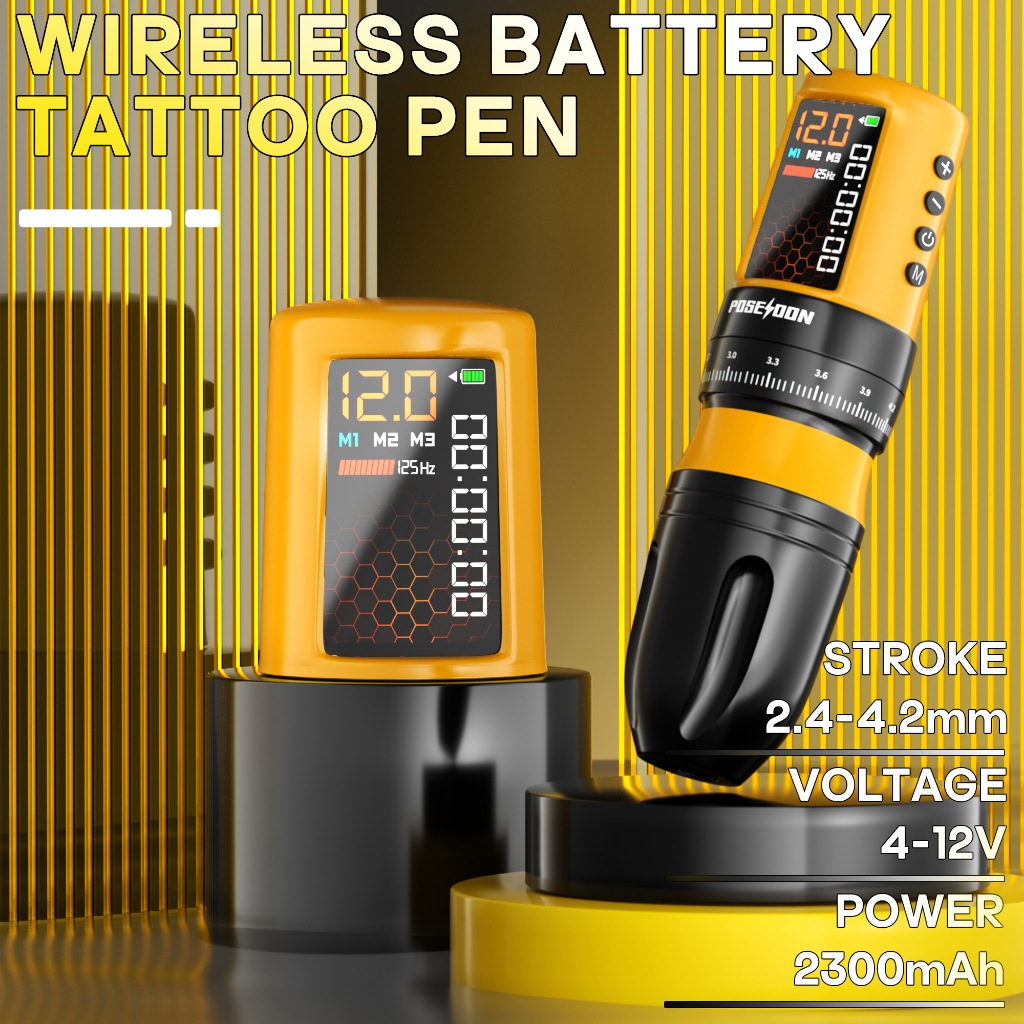 ปากกาสัก POSEIDON, เครื่องสักไร้สายพร้อมแหล่งจ่ายไฟไร้สายและจังหวะที่ปรับได้, จอแสดงผล LED ดิจิตอลและมอเตอร์คุณภาพสูงสําหรับศิลปิน