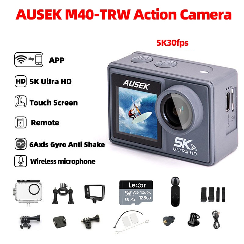 AUSEK M40TR M40TRW กล้องแอคชั่นแคมเมรา 5K 30fps หน้าจอสัมผัส Ultra HD AT-M40TR AT-M40TRW Night Visio