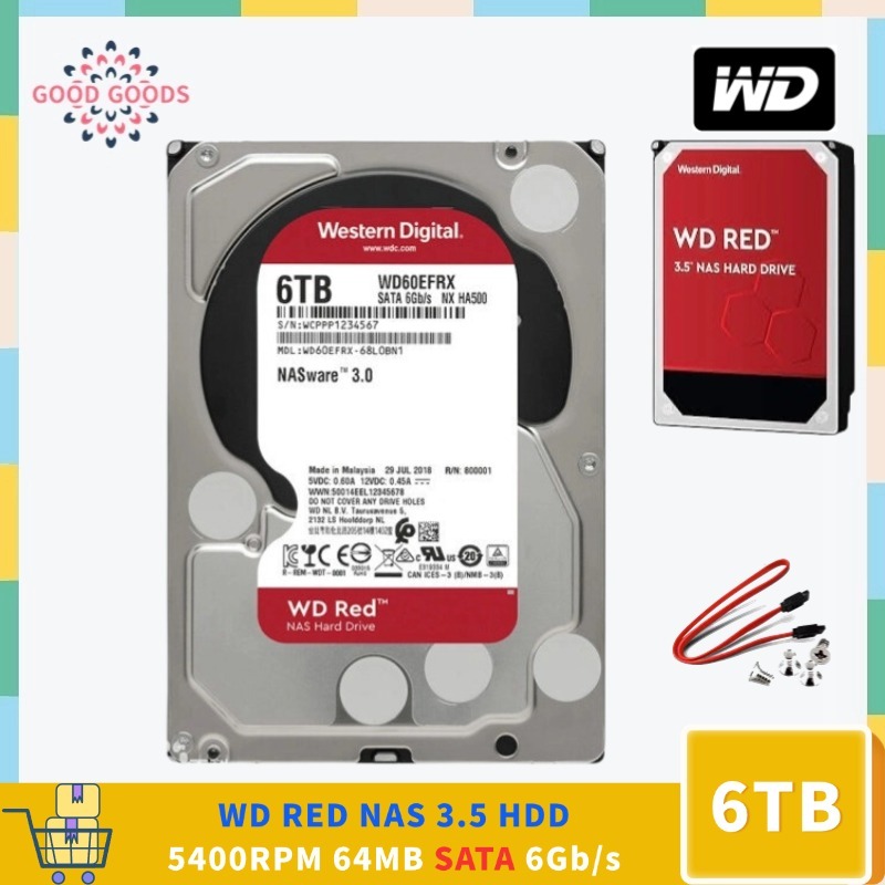สําหรับ WD Red NAS 3.5 HDD 6TB WD60EFRX 5400RPM 64MB SATA 6Gb/s ฮาร์ดไดรฟ์ภายในไดรฟ์เปลือย
