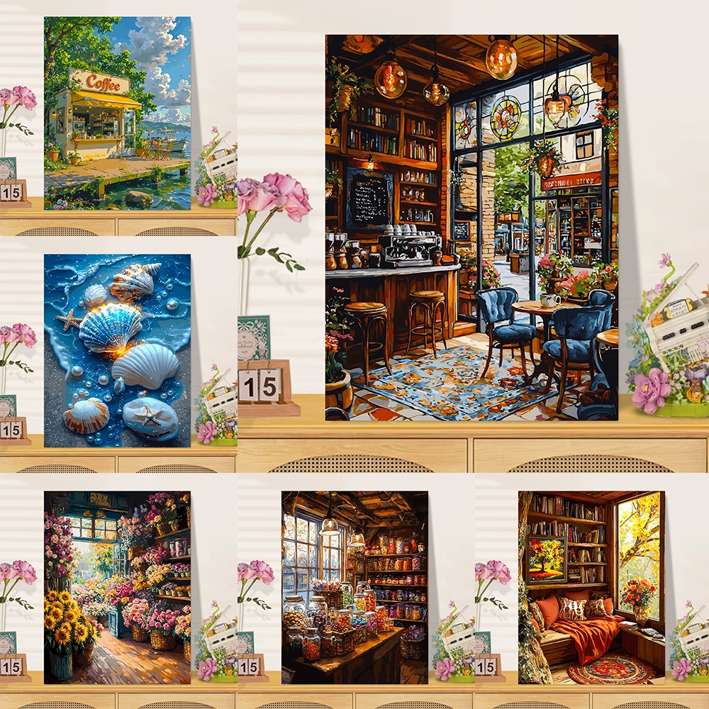 DROFE ระบายสีตามตัวเลข Seaside Cafe Wall Decor วอลล์เปเปอร์ตกแต่งห้องนั่งเล่น Aesthetic Home Decor