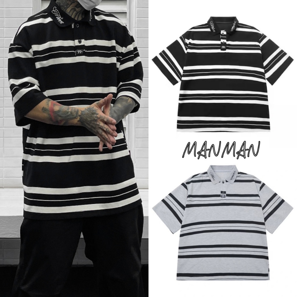 M＆M สไตล์อเมริกันแนววินเทจ เสื้อโปโลผู้ชาย การออกแบบลายทาง หลวมใส่สบาย แบบบางสำหรับฤดูร้อน