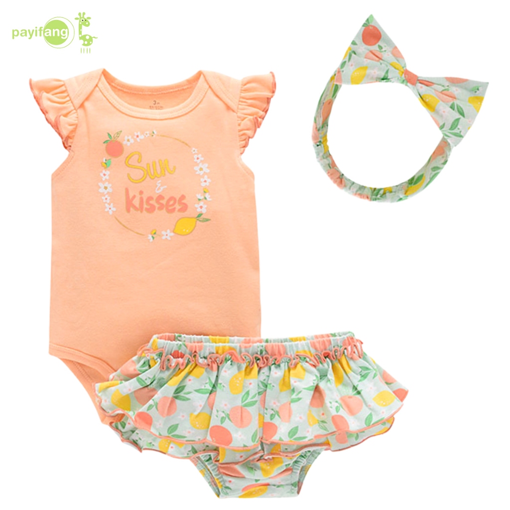 PAYI BABY-2 ชิ้น ผลไม้พิมพ์ชุดเด็กผู้หญิง <แขนสั้นผ้าฝ้ายนุ่ม ชุดรอมเปอร์ บอดี้สูท + กางเกงขาสั้นดอกไม้ + แถบคาดศีรษะ>