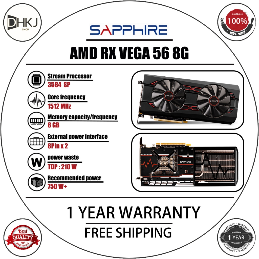 USED Sapphire AMD RX VEGA56 8G HBM2 VEGA 56 Gaming GPU Graphics รับประกัน 1 ปี