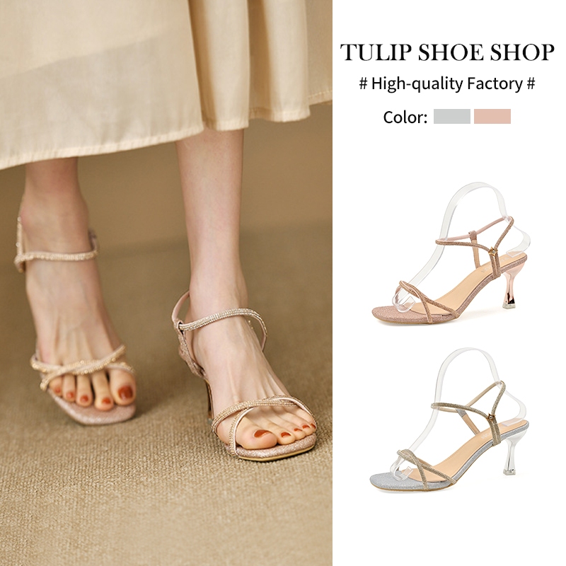 🚚ส่งไวจากไทย รองเท้าส้นสูง หัวเหลี่ยม ประดับเพชร แฟชั่นฤดูร้อน สไตล์ฝรั่งเศส สําหรับผู้หญิง ความรู้สึกขั้นสูง ความประณีต